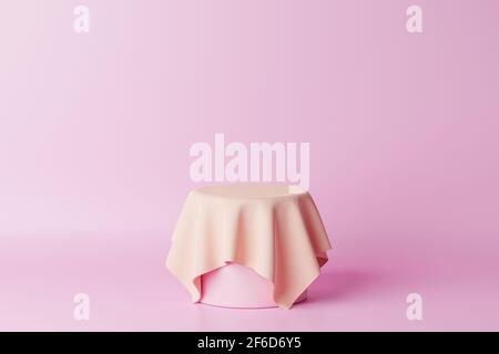 Pastellrosa Zylinder Podium oder Sockel für Produkte oder Werbung mit Tuch. 3D Rendering in minimalem Stil. Stockfoto