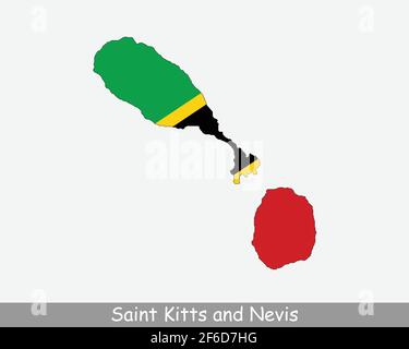 Karte der Flagge von St. Kitts und Nevis. Karte von St. Kitts und Nevis mit der Kittianischen Nationalflagge isoliert auf weißem Hintergrund. Vektorgrafik. Stock Vektor