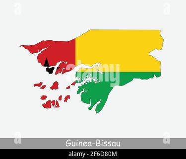 Guinea-Bissau Karte Flagge. Karte der Republik Guinea-Bissau mit der Bissau-guineischen Nationalflagge isoliert auf weißem Hintergrund. Vektorgrafik. Stock Vektor