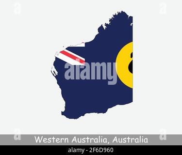 Western Australia Karte Flagge. Karte von WA, Australien mit isolierter Staatsflagge auf weißem Hintergrund. Australischer Staat. Vektorgrafik. Stock Vektor