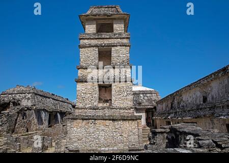 Palast mit Aussichtsturm auf der präkolumbianischen Maya-Zivilisationsstätte von Palenque, Chiapas, Südmexiko Stockfoto