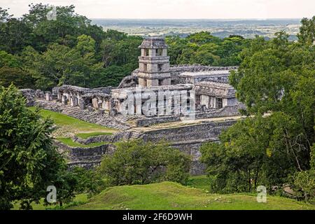 Palast mit Aussichtsturm auf der präkolumbianischen Maya-Zivilisationsstätte von Palenque, Chiapas, Südmexiko Stockfoto