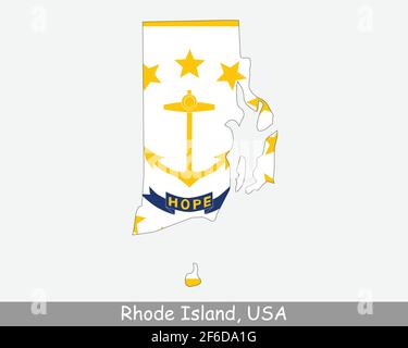 Rhode Island Karte Flagge. Karte von RI, USA mit isolierter Staatsflagge auf weißem Hintergrund. Vereinigte Staaten, Amerika, Amerikaner, Vereinigte Staaten von Amerika, Stock Vektor
