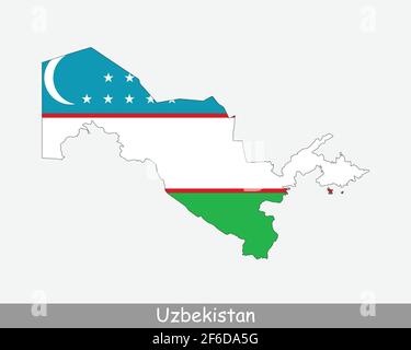 Usbekistan Flagge Karte. Karte der Republik Usbekistan mit der usbekischen Nationalflagge isoliert auf weißem Hintergrund. Vektorgrafik. Stock Vektor