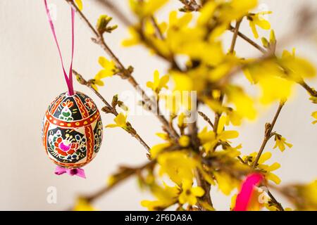 Die Anordnung der traditionell dekorierten „Blatnice“-Ostereier von Marie Cihakova und der blühenden Forsythia, Brno, Tschechische Republik, am 30. März 2021. (C Stockfoto