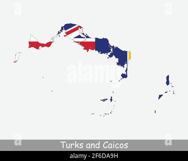 Turks und Caicos Karte Flagge. Karte von TCI mit isolierter Flagge auf weißem Hintergrund. British Overseas Territory. Vektorgrafik. Stock Vektor