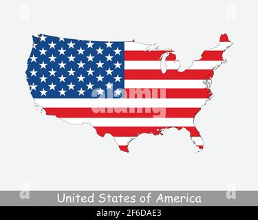 Vereinigte Staaten von Amerika USA Flagge Karte. Karte der USA mit der amerikanischen Nationalflagge isoliert auf weißem Hintergrund. Vektorgrafik. Stock Vektor