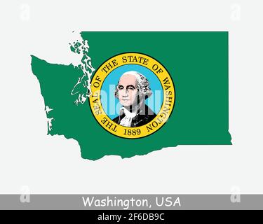 Washington State Map Flagge. Karte von WA, USA mit isolierter Staatsflagge auf weißem Hintergrund. Vereinigte Staaten, Amerika, Amerikaner, Vereinigte Staaten von Ameri Stock Vektor