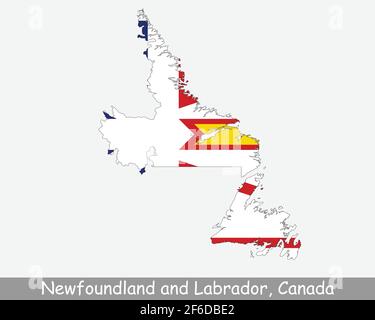 Neufundland und Labrador Karte Flagge. Karte von NL, Kanada mit Flagge isoliert auf weißem Hintergrund. Kanadische Provinz. Vektorgrafik. Stock Vektor