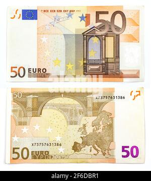 Fünfzig Euro Rechnung isoliert auf weißem Hintergrund, zwei Seiten aus nächster Nähe Stockfoto