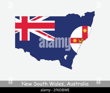 New South Wales Karte Flagge. Karte von NSW mit isolierter Staatsflagge auf weißem Hintergrund. Australian State an der Ostküste Australiens. Vektorgrafik Stock Vektor