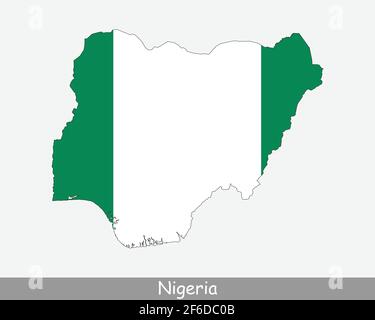 Nigeria Flagge Karte. Karte der Bundesrepublik Nigeria mit der nigerianischen Nationalflagge isoliert auf weißem Hintergrund. Vektorgrafik. Stock Vektor