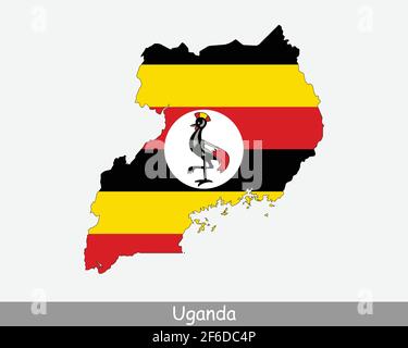 Uganda Flagge Karte. Karte der Republik Uganda mit der ugandischen Nationalflagge isoliert auf weißem Hintergrund. Vektorgrafik. Stock Vektor