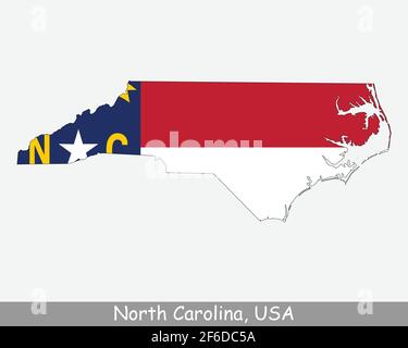 North Carolina Karte Flagge. Karte von NC, USA mit isolierter Staatsflagge auf weißem Hintergrund. Vereinigte Staaten, Amerika, Amerikaner, Vereinigte Staaten von Amerika, Stock Vektor