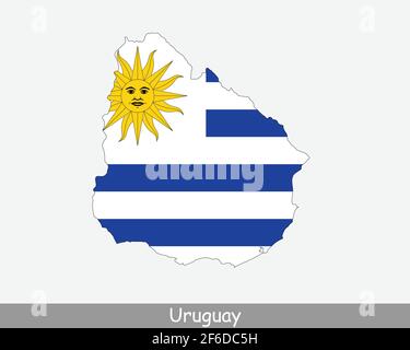 Flagge Uruguay Karte. Karte der Orientalischen Republik Uruguay mit der uruguayischen Nationalflagge isoliert auf weißem Hintergrund. Vektorgrafik. Stock Vektor