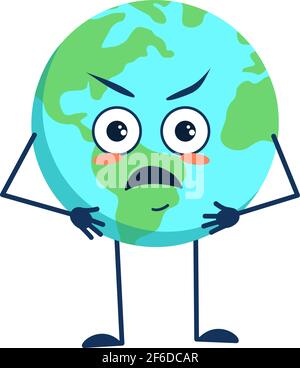 Netter Charakter des Planeten Erde mit wütenden Emotionen, Gesicht, Armen und Beinen Stock Vektor