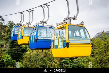 Ansicht der Seilbahn mit vier blauen und gelben festen Griff Seilbahn Stockfoto