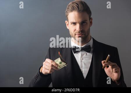 Wohlhabender Geschäftsmann mit Zigarre und brennender Dollarnote auf Grau Hintergrund mit Rauch Stockfoto