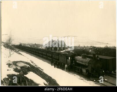 Stenbackens Station während der Dampfbetriebszeit 1903 auf der Strecke Kiruna-.riks Grenze. Staatsbahnen, SJ Lok Ma 653. 1902 hergestellt und 1926 gesaugt. Höchstgeschwindigkeit 45 km/h. Hergestellt Nohab, Trollhättan 1902. Begegnung zwischen einem beladenen und einem leeren Erzzug. Train Mitarbeiter und Stinsen mend Familie posiert für den Fotografen. Die Strecke wurde 1903 eröffnet. Der Weg wurde 1915 elektrifiziert. Das Bahnhofshaus wurde 1902 erbaut und 1998 verkauft. Stockfoto