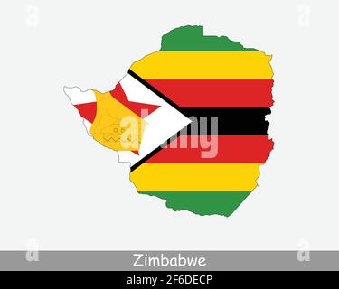 Simbabwe Flagge Karte. Karte der Republik Simbabwe mit der simbabwischen Nationalflagge isoliert auf weißem Hintergrund. Vektorgrafik. Stock Vektor