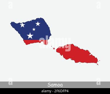 Karte Mit Flagge Von Samoa. Karte des unabhängigen Staates Samoa mit der samoanischen Nationalflagge isoliert auf weißem Hintergrund. Vektorgrafik. Stock Vektor