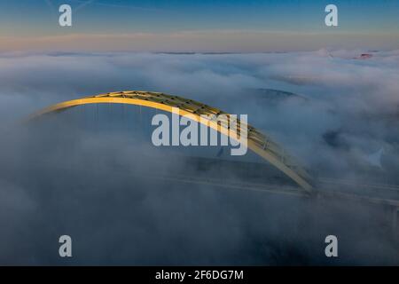 Am frühen Morgen bedeckt Nebel den Ohio River über der Innenstadt von Cincinnati Und Kentucky, während die Sonne Gebäude und Brücken durchleuchtet Die Nebelwolken Stockfoto