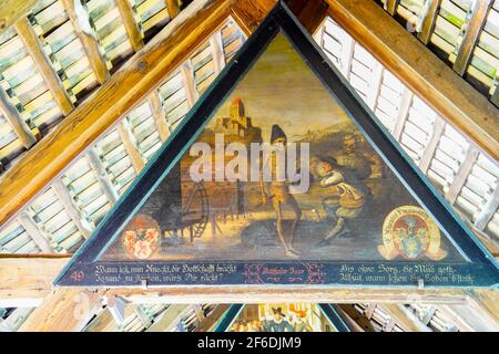 Gemälde in der Spreuerbrücke, Spreuerbrücke am Kasernenplatz in Luzern. Die Bilder bilden einen Danse Macabre, der b Stockfoto