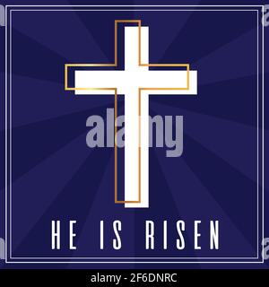 Moderne Heilige Ostern Kreuz Erlösung Christentum Jesus Christus Gold Blau Weiß Christian Katholik Glauben, Er Ist Auferstanden Zitat Motivational Card Vektor Stock Vektor