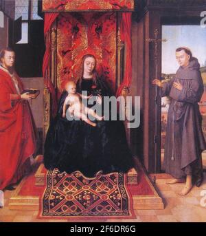 Petrus Christus - Jungfrau Kind thront mit den Heiligen Jerome Francis 1458 Stockfoto