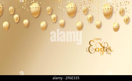 Frohe Ostern Grußkarte mit handgeschriebener Kalligraphie-Schrift und goldenem Eiergirlande-Muster auf goldenem Hintergrund. 3d-Illustration. Stockfoto