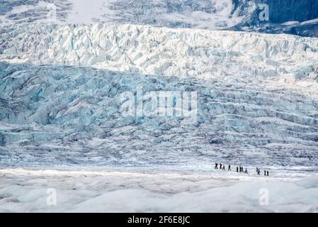 Touristenschar, die auf dem Athabasca Gletscher im Columbia Icefield, Jasper Nationalpark, Rocky Mountains, Alberta, Kanada spazieren Stockfoto