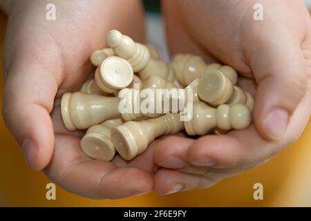 Junge hält Bauern in den Händen Stockfoto