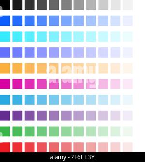 Farben setzt das Farbspektrum in Trasnparenz. Farbpalette. Bunte Quadrate Illustration mit schwarz, blau, blaugrün, violett, gelb, Rosa, lila, rot c Stock Vektor