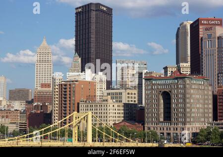 Landschaft oder Wasserlandschaft von Pittsburgh, die Stadt der Brücken an der Stelle mit der PGH PA Skyline im Hintergrund Stockfoto