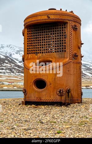 Bakkagerdi, Island. Mai 2015. Diese Dinge schmücken die Uferpromenade in Bakkagerdi, Borgarfjordur eystri Fjord, Austurland Region, Island Stockfoto