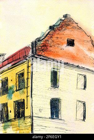 Alte Stadt Aquarell und Tinte Illustration. Alte Hauswand handgezeichnete Tinte Grafik. Stockfoto