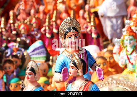 Navratri, Dassehra, Golu Idole auf dem Display Stockfoto