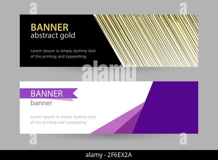 Abstraktes Gold- und Violettbanner mit Linien auf weißem Hintergrund. Setzen Sie horizontale Banner mit leerem Platz für Text. Vorlagen für Ihre Web-Projekte. Stock Vektor
