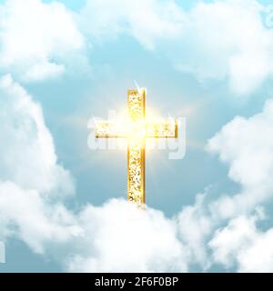 Kirchenkreuz auferstanden im Himmel auf Ostern Hintergrund. Christian goldenes Kruzifix Symbol in Himmel mit Wolken und Sonnenstrahlen Vektor-Illustration. Sonne scheint, Stock Vektor