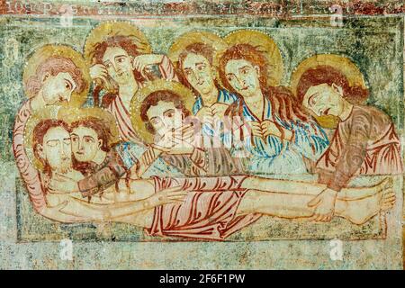 Fresken an der Apsis des Hauptaltars der Kirche Santa Maria in Ronzano. Absetzung Christi. Castel Castagna, Provinz Teramo, Abruzzen,