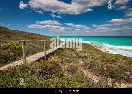 Hölzerner Fußweg, der durch Sanddünen mit Fynbos-Vegetation zum wunderschönen Atlantischen Ozean-Strand an der Küste des De Hoop-Naturschutzgebietes, Sou, führt Stockfoto