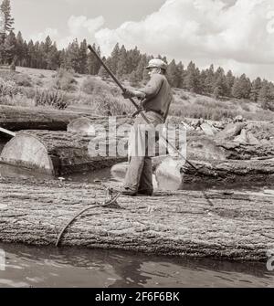 Logger mit dem Spitznamen “ Pond Monkey ' steuert Log Floß in Mühle Teich. Keno, Klamath County, Oregon. Foto von Dorothea lange. Stockfoto