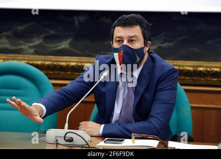 Italien, Rom, 31. März 2021: Matteo Salvini, der Führer der Lega-Partei, trägt die Maske und nimmt an der Pressekonferenz über "Süditalien-Projekt" Teil. Foto © Fabio Cimaglia/Sintesi/Alamy Live News Stockfoto