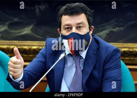 Italien, Rom, 31. März 2021: Matteo Salvini, der Führer der Lega-Partei, trägt die Maske und nimmt an der Pressekonferenz über "Süditalien-Projekt" Teil. Foto © Fabio Cimaglia/Sintesi/Alamy Live News Stockfoto