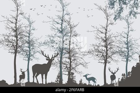 3d Wandbild Illustration Landschaft Wald Baum Tapete. Vögel, Hirsche und Berge mit einfachen modernen Hintergrund Stockfoto