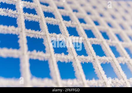 Winter Hintergrund Kettenglied Mesh Zaun mit einer kontinuierlichen Schicht aus weißem Frost bedeckt, mit schönen Kristallen von Schneeflocken, gegen den blauen Himmel, e Stockfoto