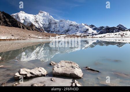 Panoramablick vom gokyo-Tal in der Nähe des Mount Cho Oyu Basislagers Chakung Peak oder Mount Hungchhi (7029m), Mount Everest Area, Khumbu Valley, Nepal Stockfoto