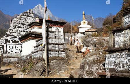 Buddhistische Gebetsmani-Mauern mit Stupa, Gebetsfahne und Karawane von Maultieren, Weg zum Everest-Basislager, Weg von Lukla nach Namche Bazar, Nepal Stockfoto