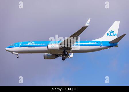 KLM Royal Dutch Airlines Boeing 737 Jet-Linienflugzeug PH-BXY im Finale auf dem Flughafen London Heathrow, Großbritannien bei sonnigem Wetter landen. Niederländische Fluggesellschaft Stockfoto