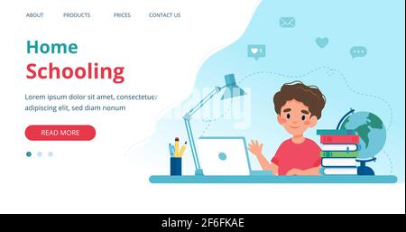 Heimschooling Banner mit Jungen studieren mit Computer zu Hause. Vektorgrafik im flachen Stil Stock Vektor